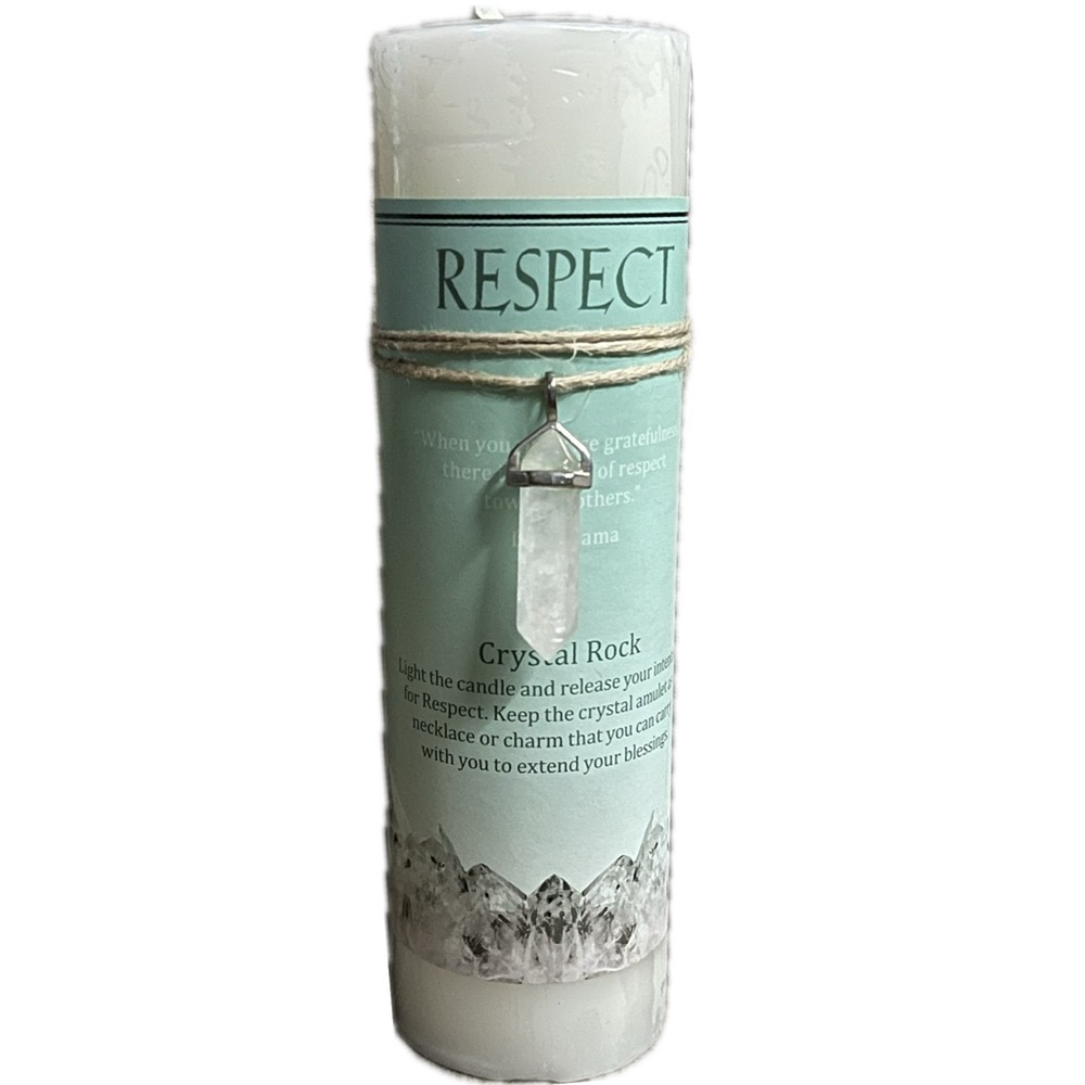 Reiki energy-infused white candle with crystal pendant